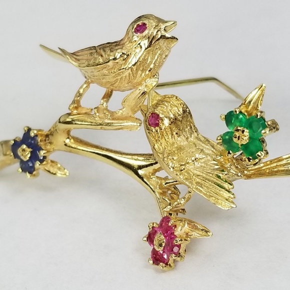 14k Gold Ruby, Emerald, Sapphire Bird Brooch Pin - Picture 2 of 8